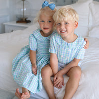 Carter Gingham Buster Suit- Mint + Sky