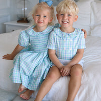 Carter Gingham Buster Suit- Mint + Sky