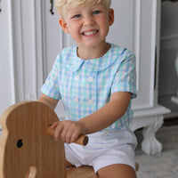Carter Gingham Buster Suit- Mint + Sky