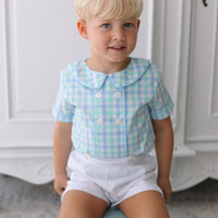 Carter Gingham Buster Suit- Mint + Sky