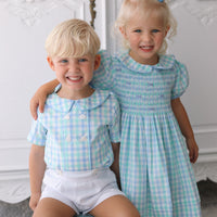 Dorothy Handsmocked Dress- Mint + Sky