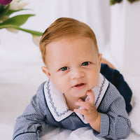 Lucas Long Sleeve Gingham Romper- Navy
