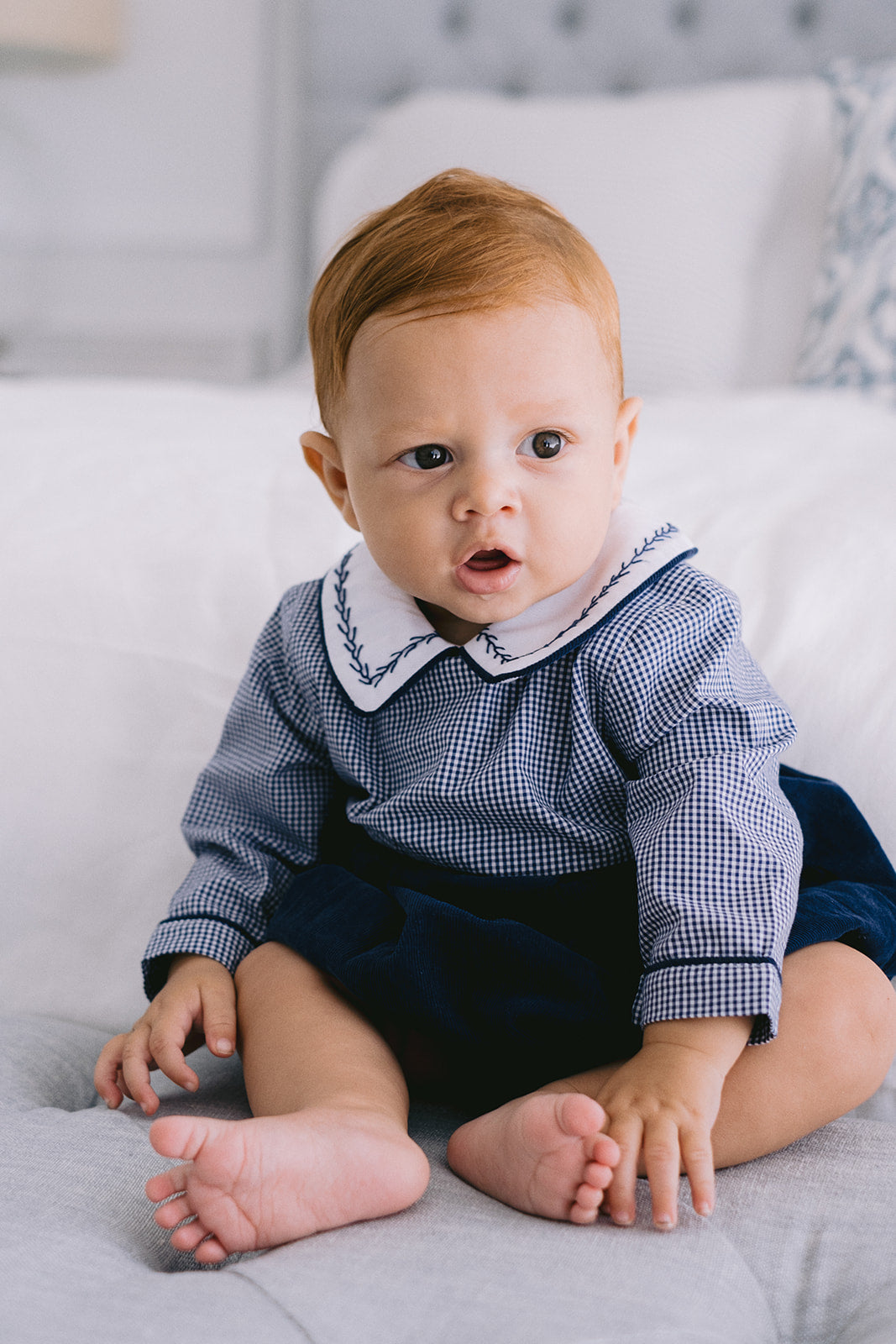 Lucas Long Sleeve Gingham Romper- Navy
