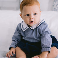 Lucas Long Sleeve Gingham Romper- Navy