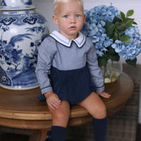 Lucas Long Sleeve Gingham Romper- Navy