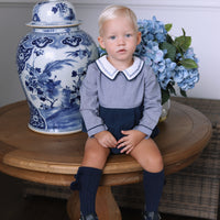 Lucas Long Sleeve Gingham Romper- Navy