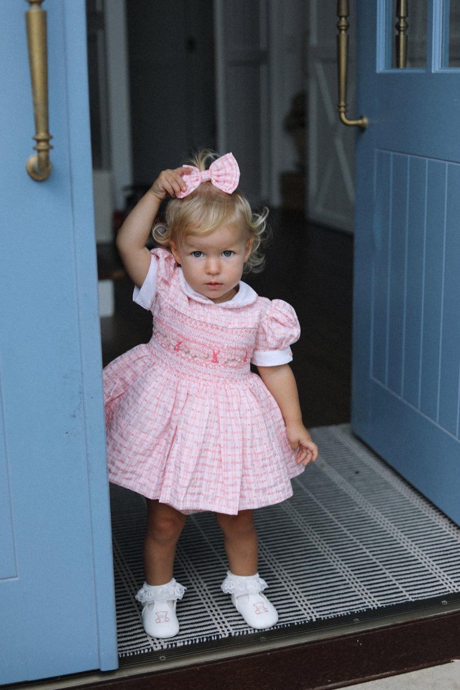 Peach Swiss Dot Bunny Handsmocked Dress