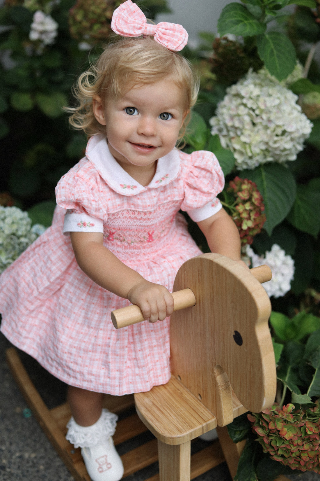 Peach Swiss Dot Bunny Handsmocked Dress