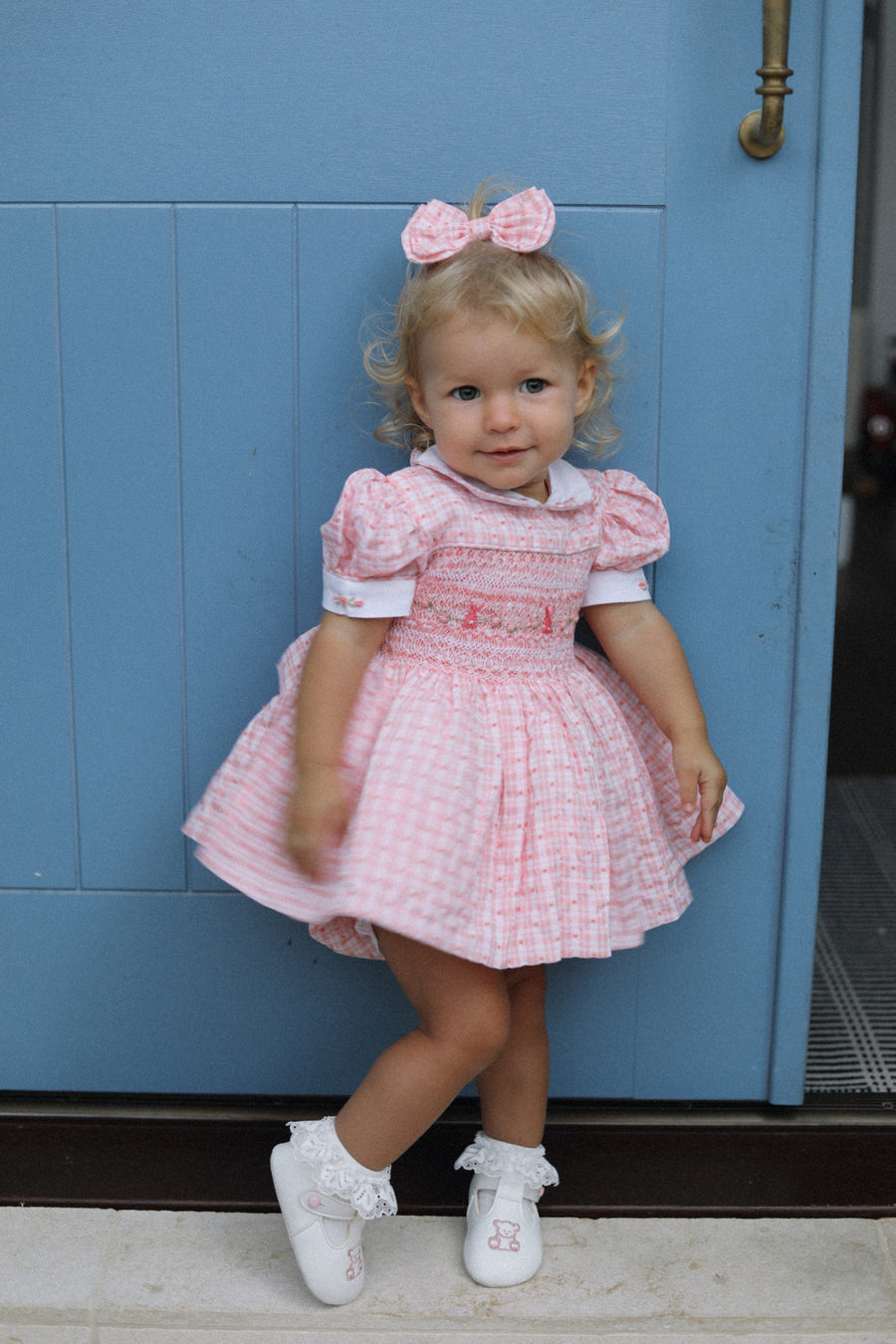 Peach Swiss Dot Bunny Handsmocked Dress