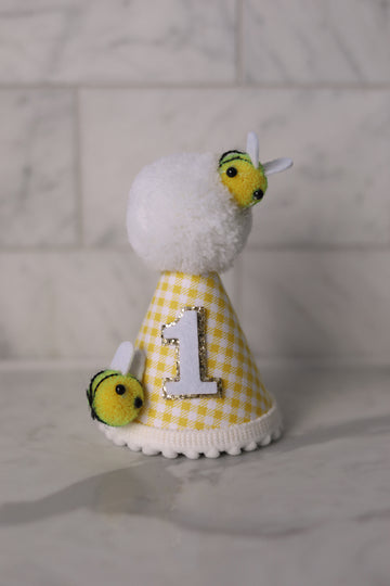 Yellow Gingham Bees Birthday Party Hat