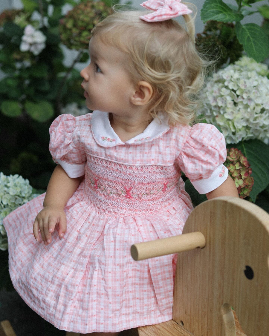 Peach Swiss Dot Bunny Handsmocked Dress