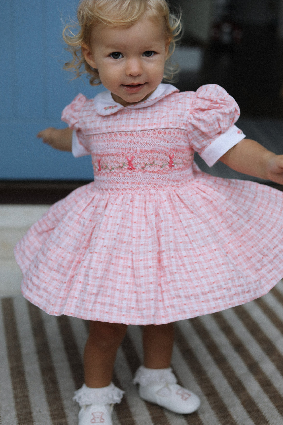 Peach Swiss Dot Bunny Handsmocked Dress