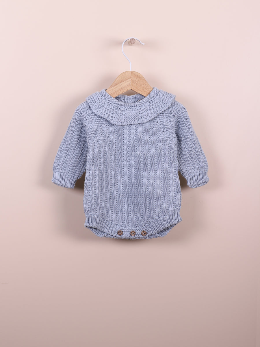 Abigail Long Sleeve Collared Knit Romper- French Blue