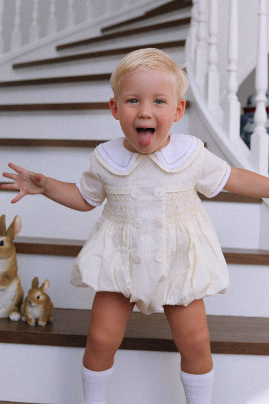 Seconds Louis Handsmocked Lemon Stripe Romper Size 0-3 Months