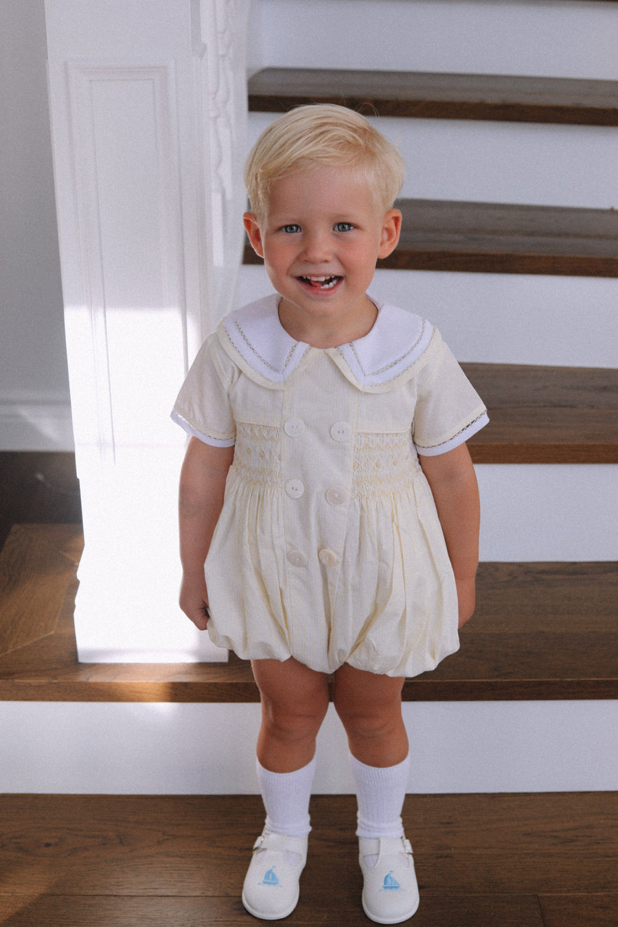 Seconds Louis Handsmocked Lemon Stripe Romper Size 0-3 Months