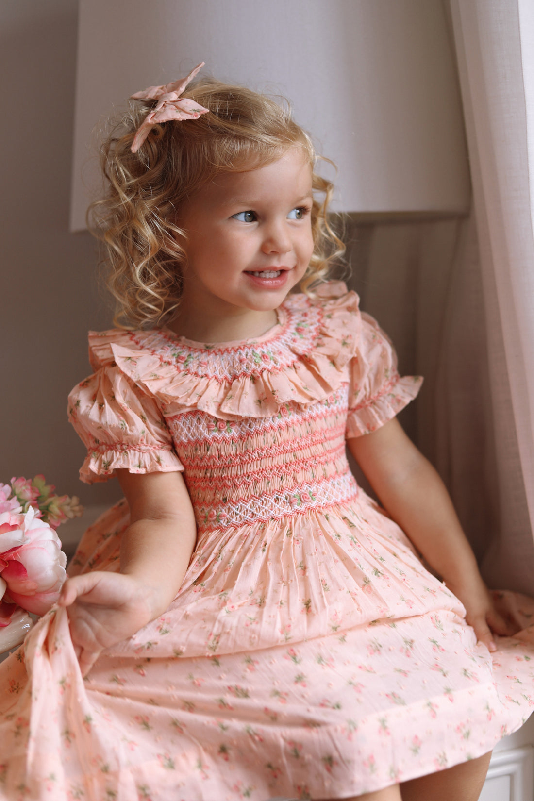 Emilie Rosebud Handsmocked Dress- Peach