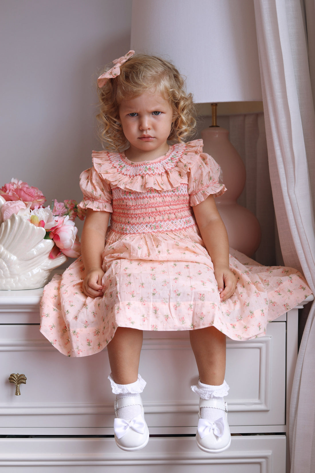 Emilie Rosebud Handsmocked Dress- Peach