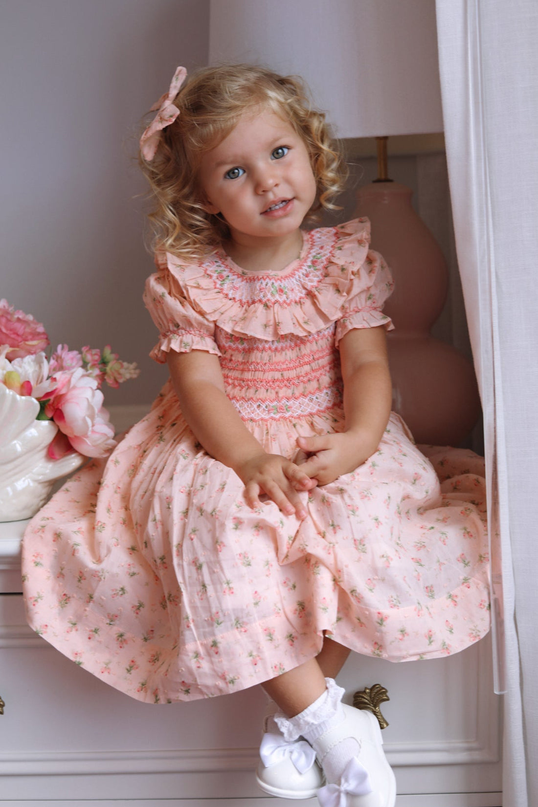 Emilie Rosebud Handsmocked Dress- Peach