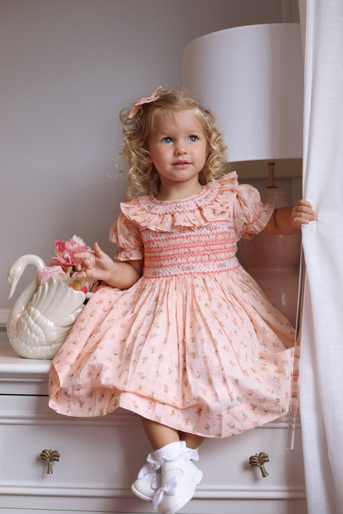 Emilie Rosebud Handsmocked Dress- Peach
