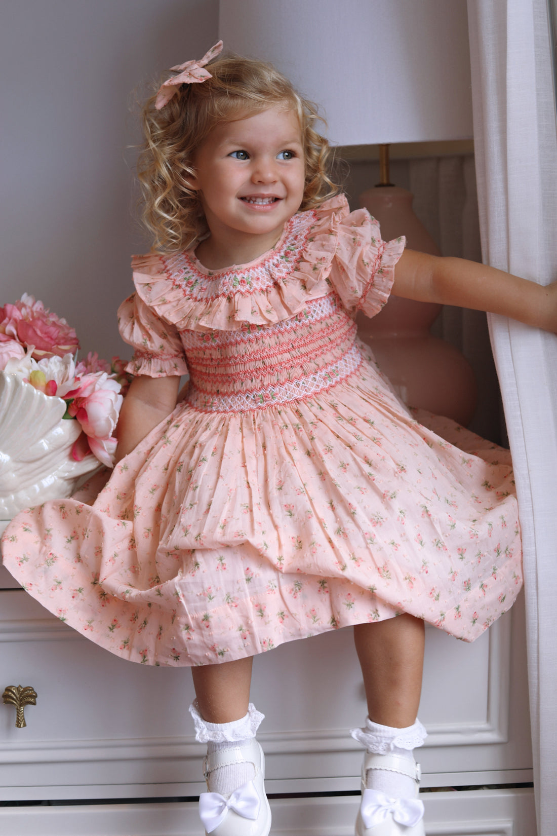 Emilie Rosebud Handsmocked Dress- Peach