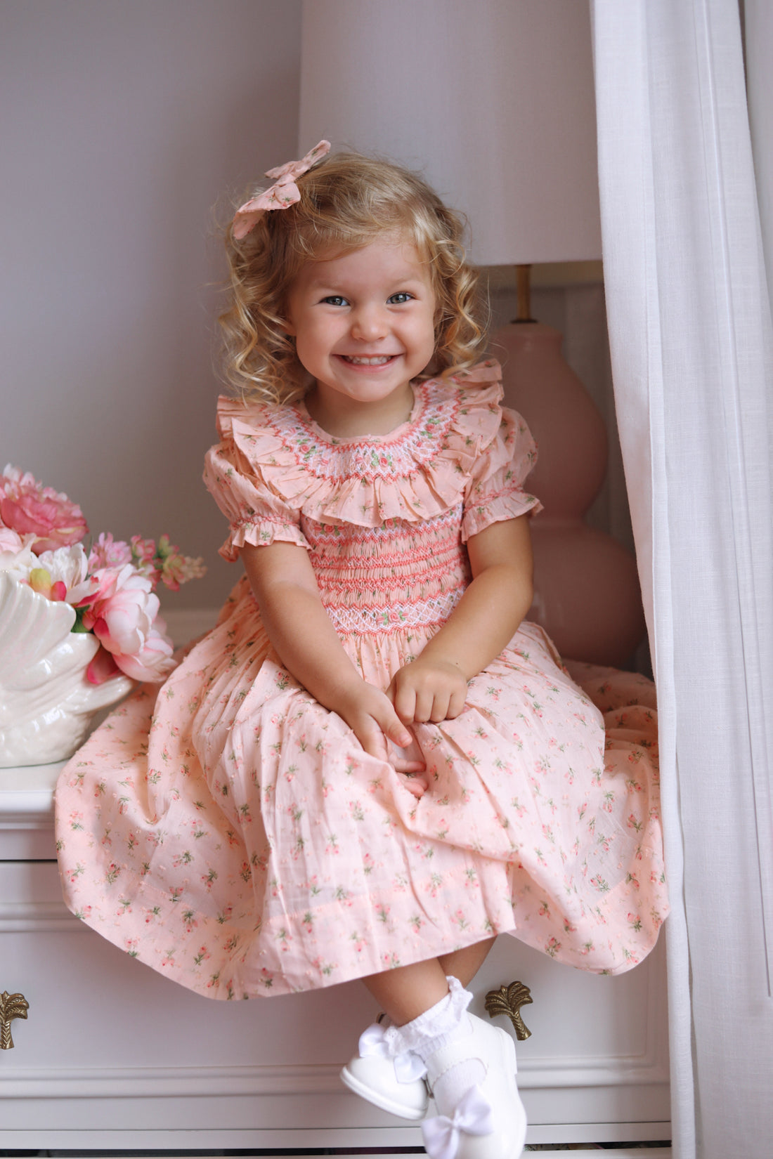Emilie Rosebud Handsmocked Dress- Peach