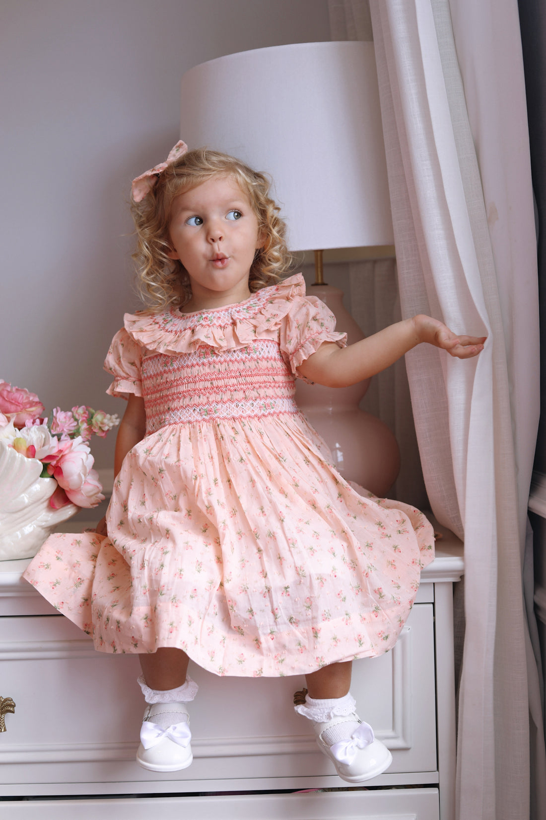 Emilie Rosebud Handsmocked Dress- Peach