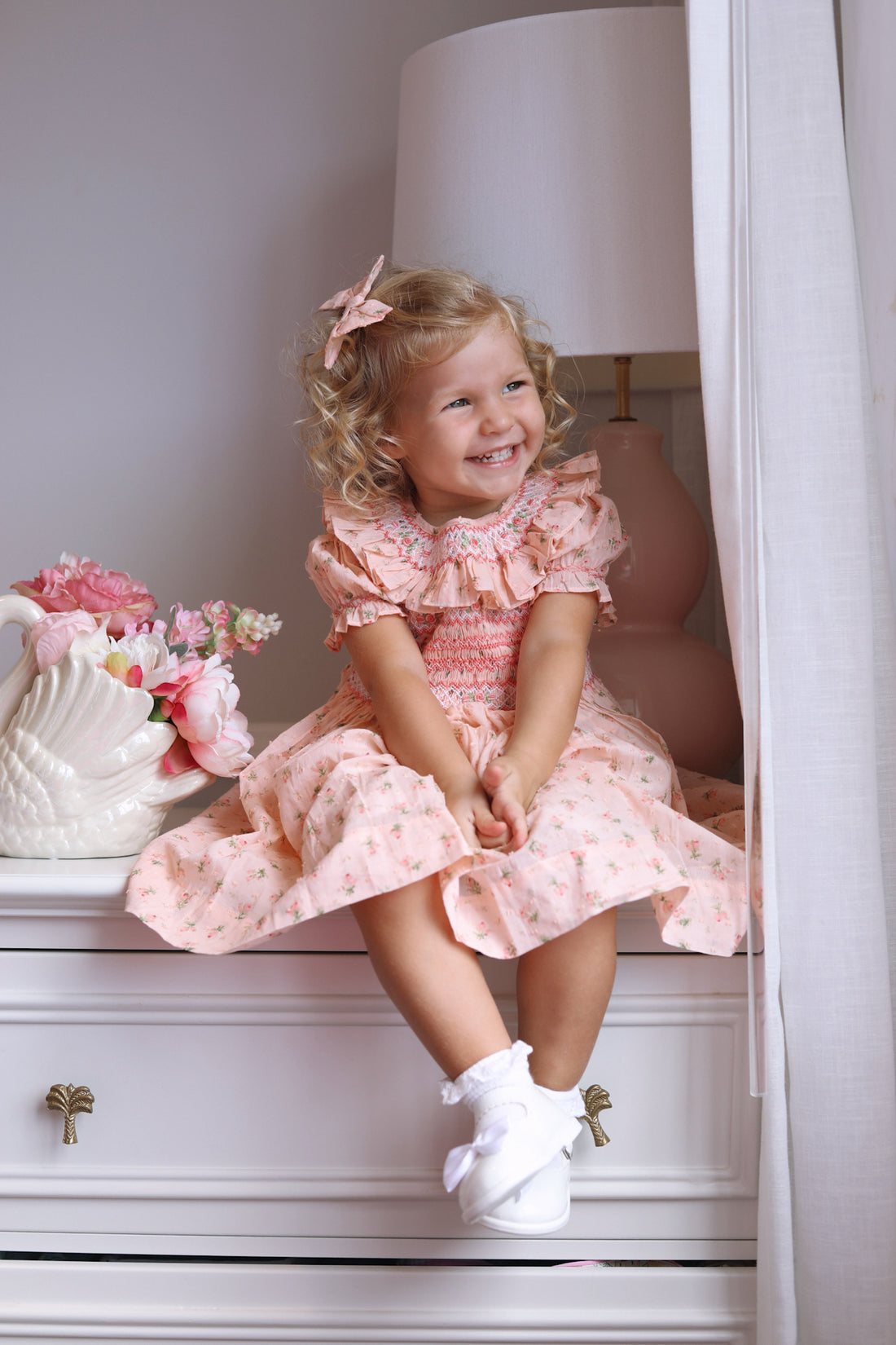 Emilie Rosebud Handsmocked Dress- Peach