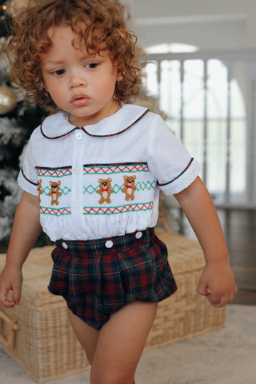 Teddy Tartan Handsmocked Jam Pants Set