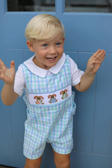 Alfie Handsmocked Jon Jon- Mint + Sky