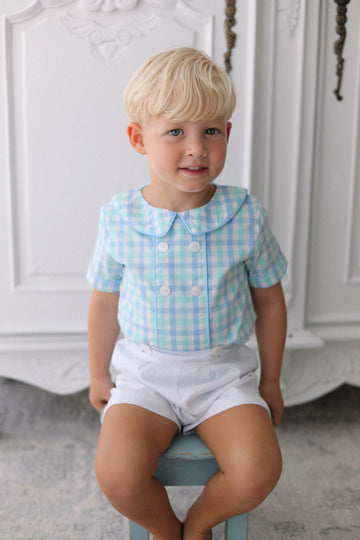 Carter Gingham Buster Suit- Mint + Sky