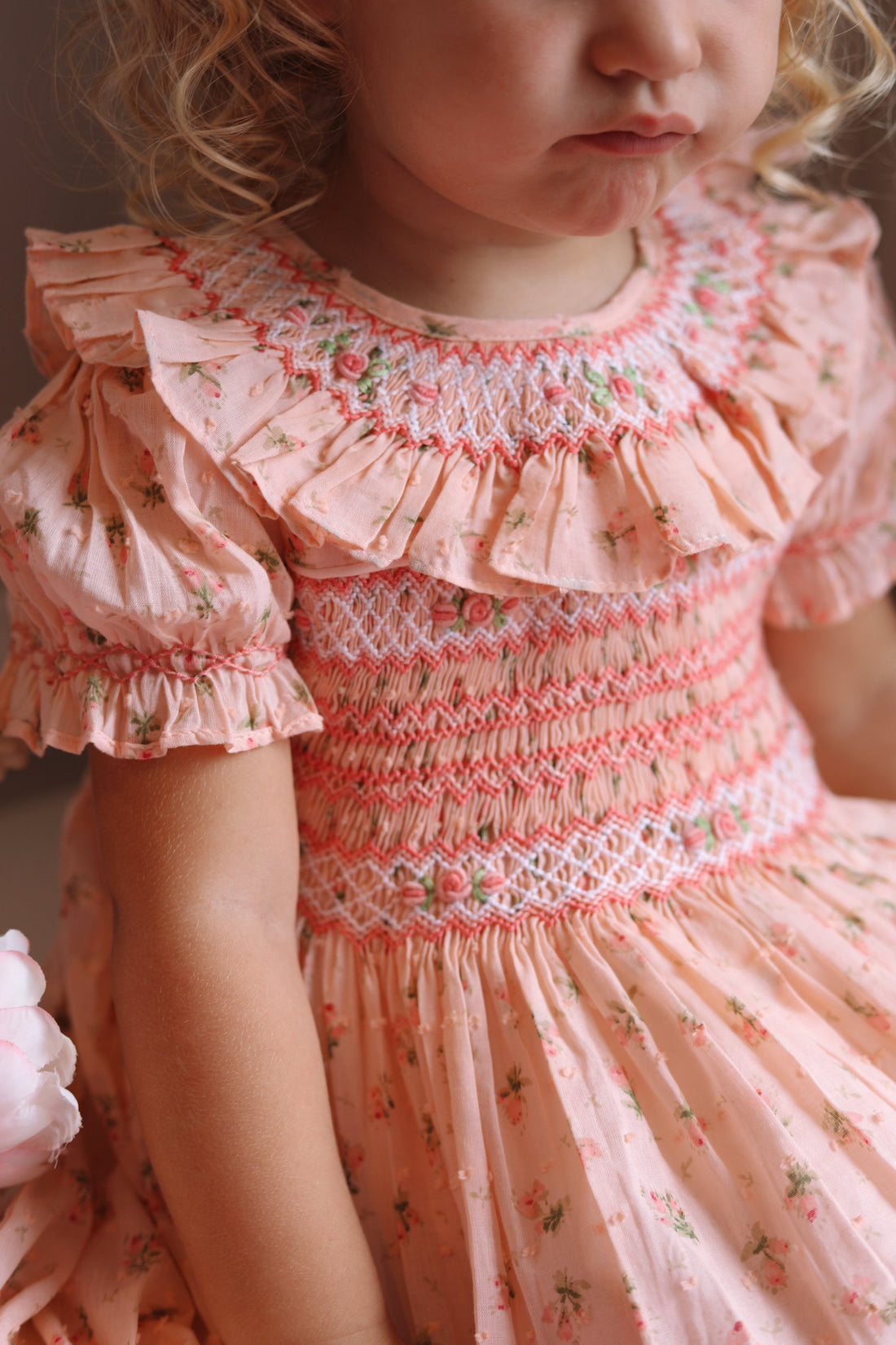 Emilie Rosebud Handsmocked Dress- Peach
